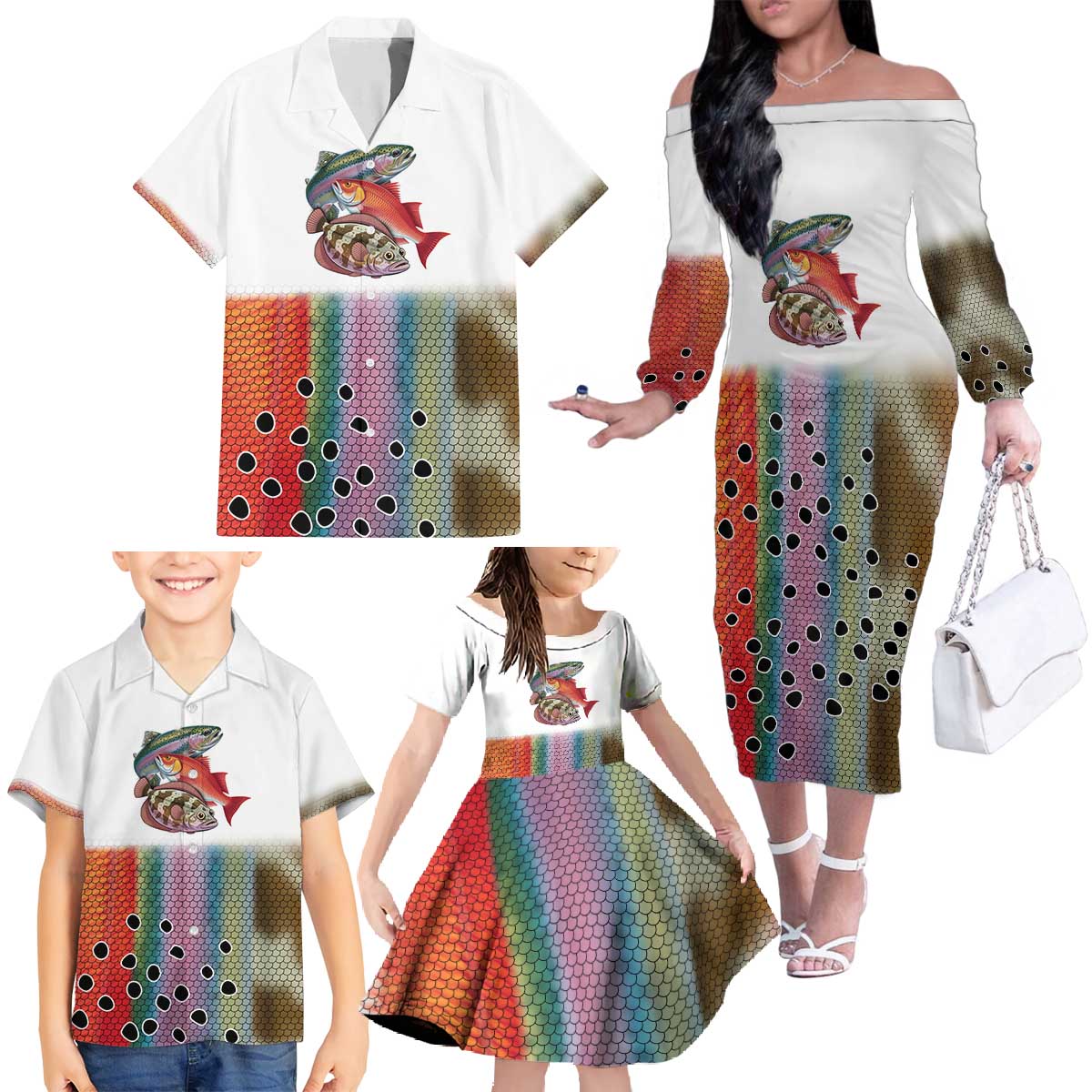 Multicolor Fish Pattern Design Family Matching Off The Shoulder Long Sleeve Dress and Hawaiian Shirt Fishing Scaled Texture and Custom Name Print - Wonder Print Shop