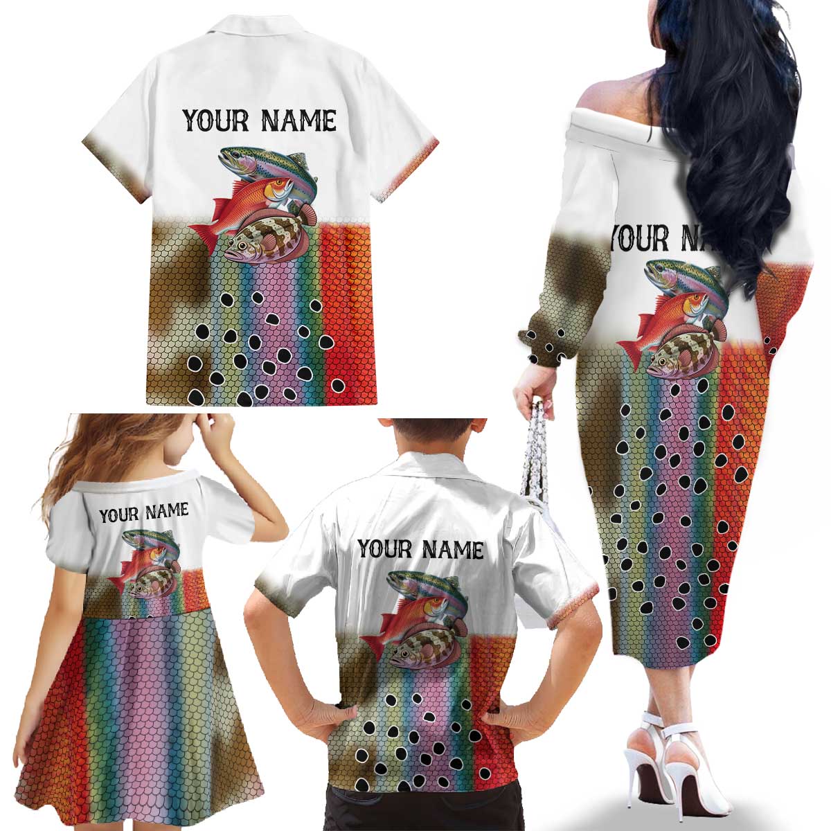 Multicolor Fish Pattern Design Family Matching Off The Shoulder Long Sleeve Dress and Hawaiian Shirt Fishing Scaled Texture and Custom Name Print - Wonder Print Shop