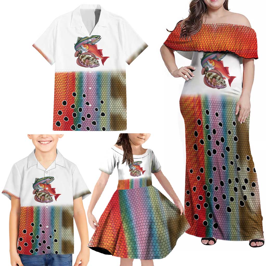 Multicolor Fish Pattern Design Family Matching Off Shoulder Maxi Dress and Hawaiian Shirt Fishing Scaled Texture and Custom Name Print - Wonder Print Shop