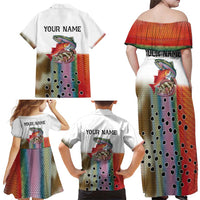 Multicolor Fish Pattern Design Family Matching Off Shoulder Maxi Dress and Hawaiian Shirt Fishing Scaled Texture and Custom Name Print - Wonder Print Shop
