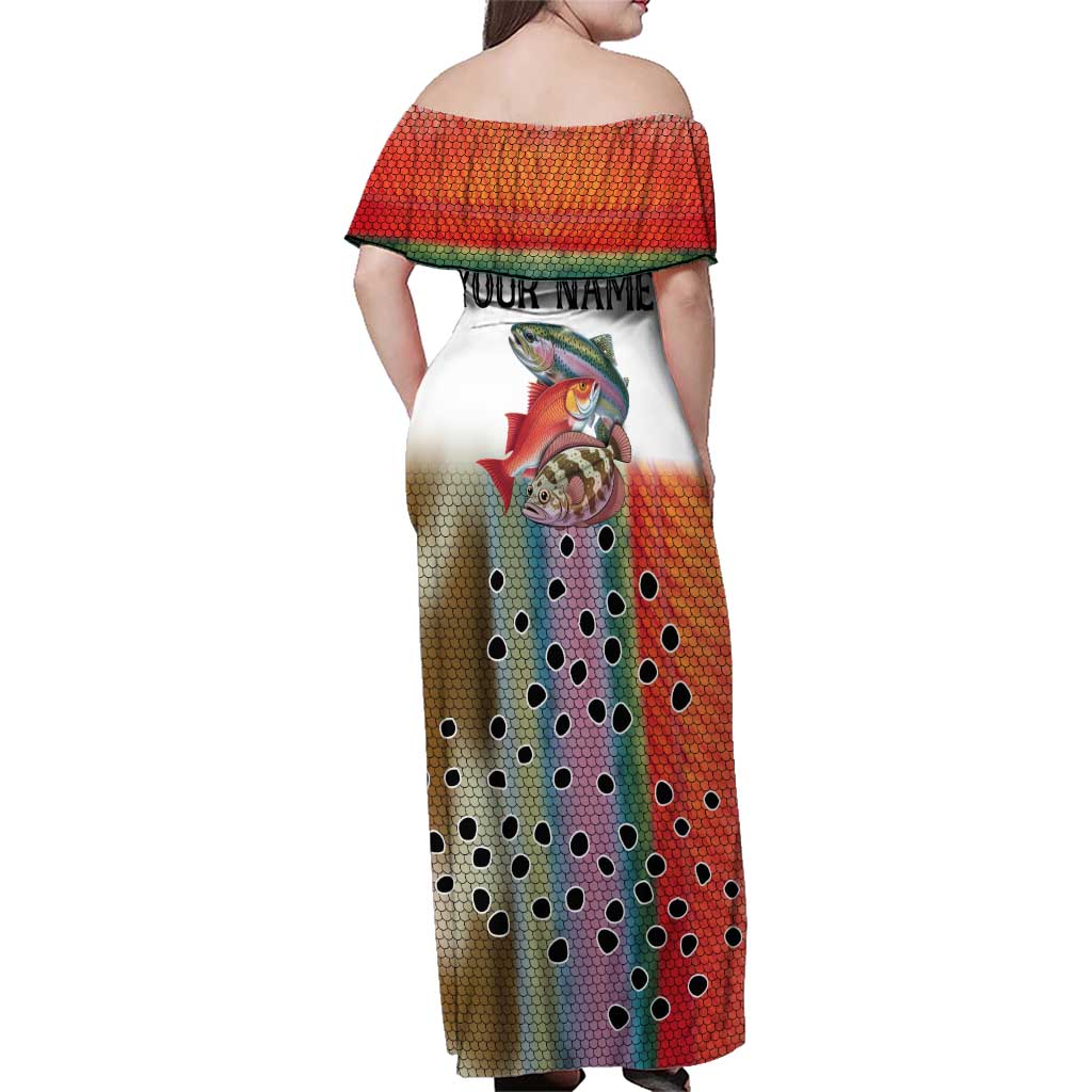 Multicolor Fish Pattern Design Family Matching Off Shoulder Maxi Dress and Hawaiian Shirt Fishing Scaled Texture and Custom Name Print - Wonder Print Shop