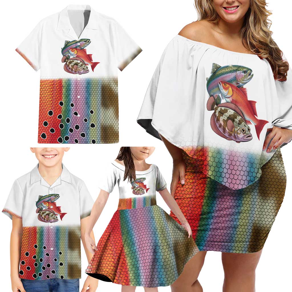 Multicolor Fish Pattern Design Family Matching Off Shoulder Short Dress and Hawaiian Shirt Fishing Scaled Texture and Custom Name Print - Wonder Print Shop