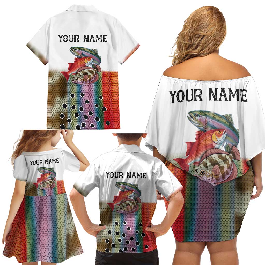 Multicolor Fish Pattern Design Family Matching Off Shoulder Short Dress and Hawaiian Shirt Fishing Scaled Texture and Custom Name Print - Wonder Print Shop