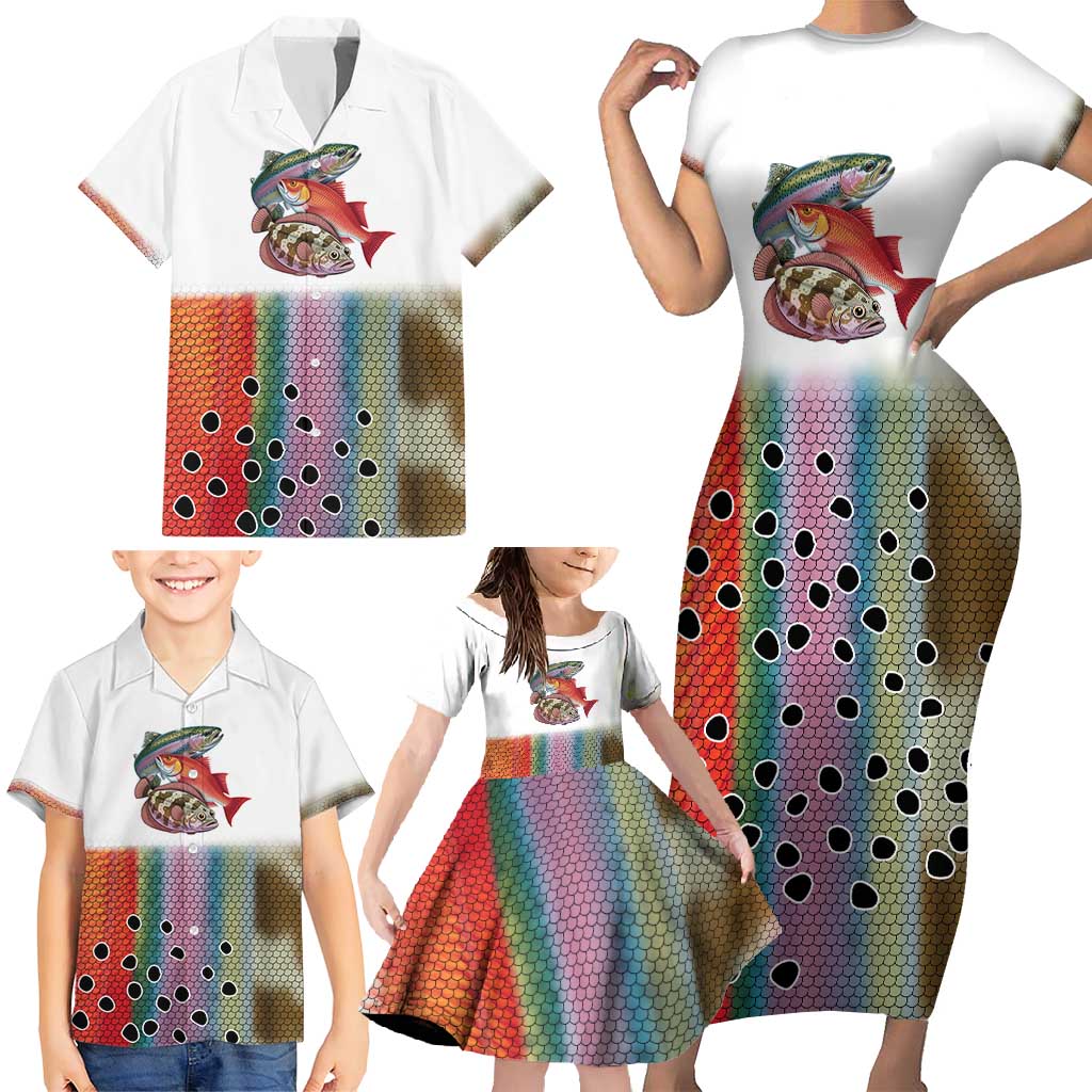 Multicolor Fish Pattern Design Family Matching Short Sleeve Bodycon Dress and Hawaiian Shirt Fishing Scaled Texture and Custom Name Print - Wonder Print Shop