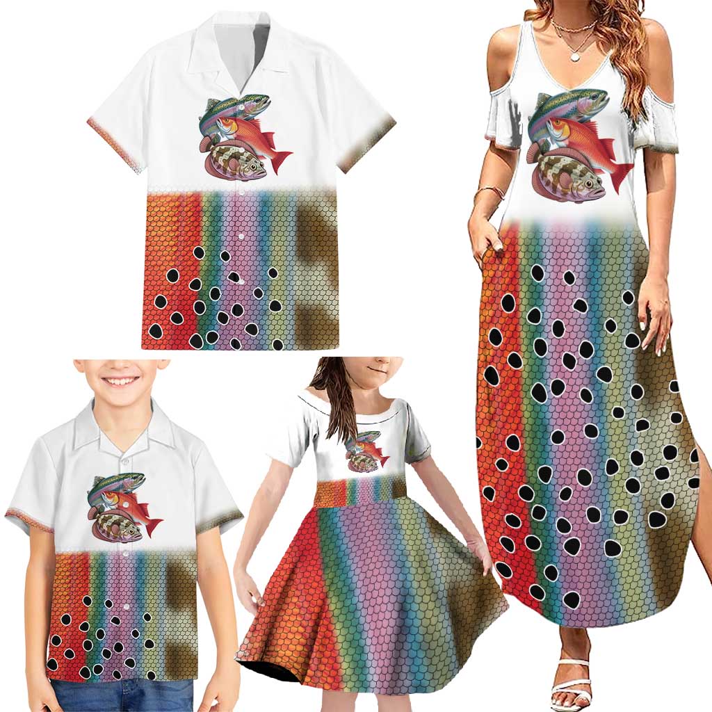 Multicolor Fish Pattern Design Family Matching Summer Maxi Dress and Hawaiian Shirt Fishing Scaled Texture and Custom Name Print - Wonder Print Shop