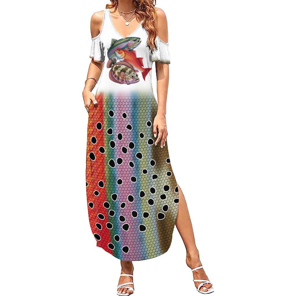 Multicolor Fish Pattern Design Family Matching Summer Maxi Dress and Hawaiian Shirt Fishing Scaled Texture and Custom Name Print - Wonder Print Shop
