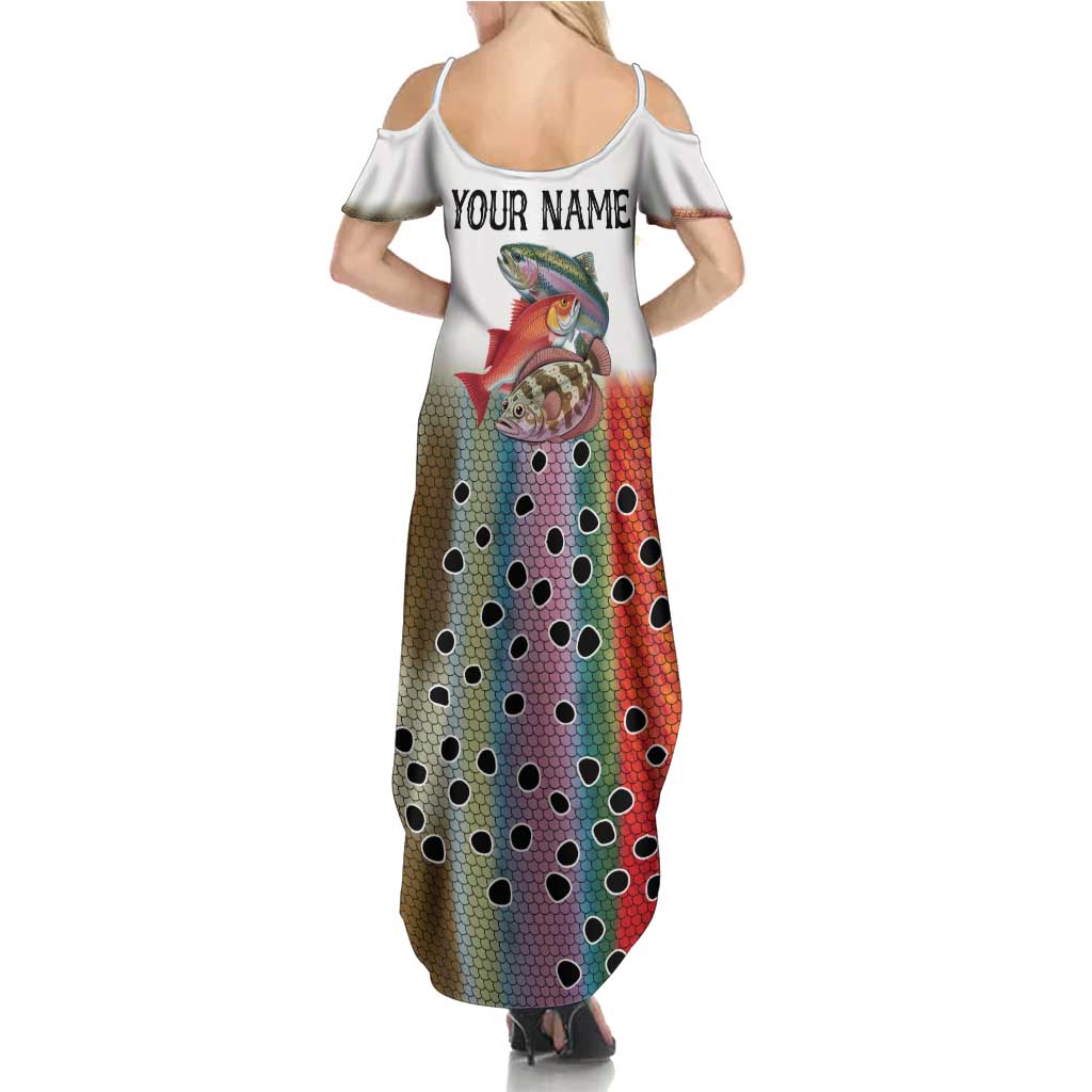 Multicolor Fish Pattern Design Family Matching Summer Maxi Dress and Hawaiian Shirt Fishing Scaled Texture and Custom Name Print - Wonder Print Shop