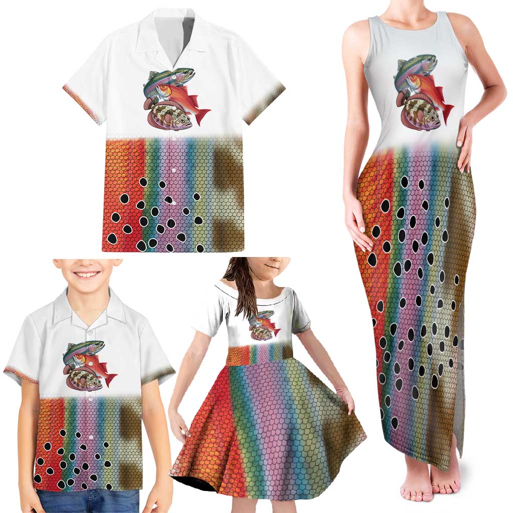Multicolor Fish Pattern Design Family Matching Tank Maxi Dress and Hawaiian Shirt Fishing Scaled Texture and Custom Name Print - Wonder Print Shop
