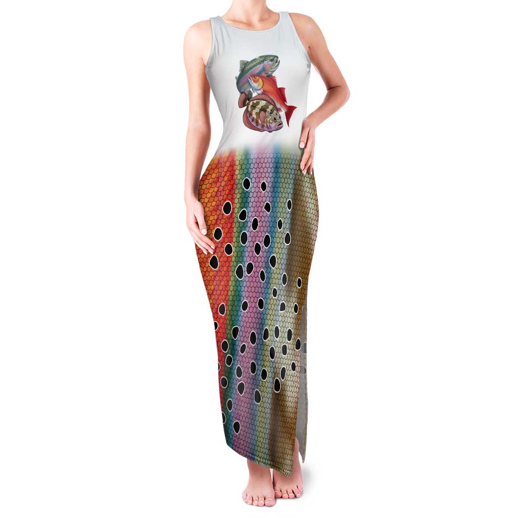 Multicolor Fish Pattern Design Family Matching Tank Maxi Dress and Hawaiian Shirt Fishing Scaled Texture and Custom Name Print - Wonder Print Shop