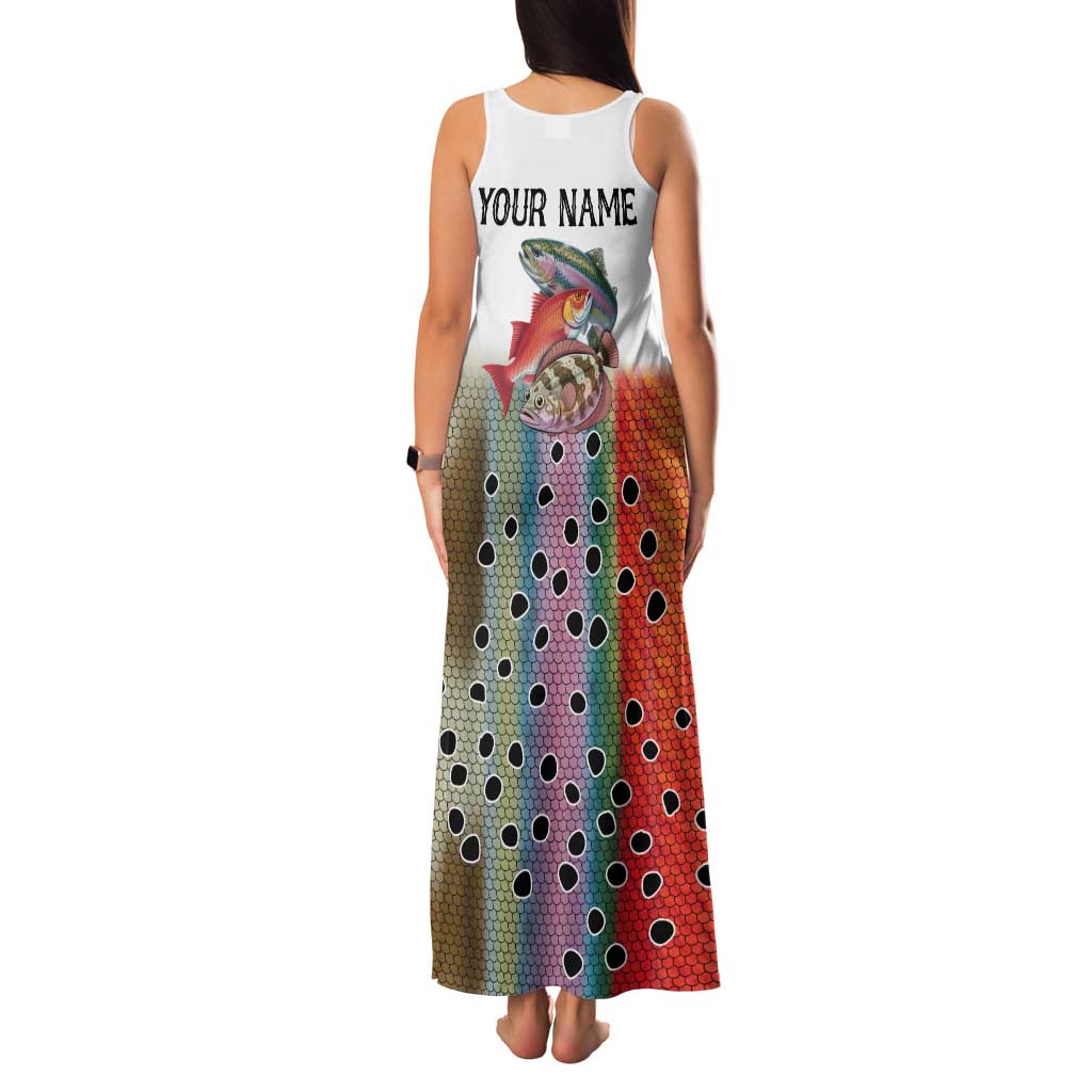 Multicolor Fish Pattern Design Family Matching Tank Maxi Dress and Hawaiian Shirt Fishing Scaled Texture and Custom Name Print - Wonder Print Shop