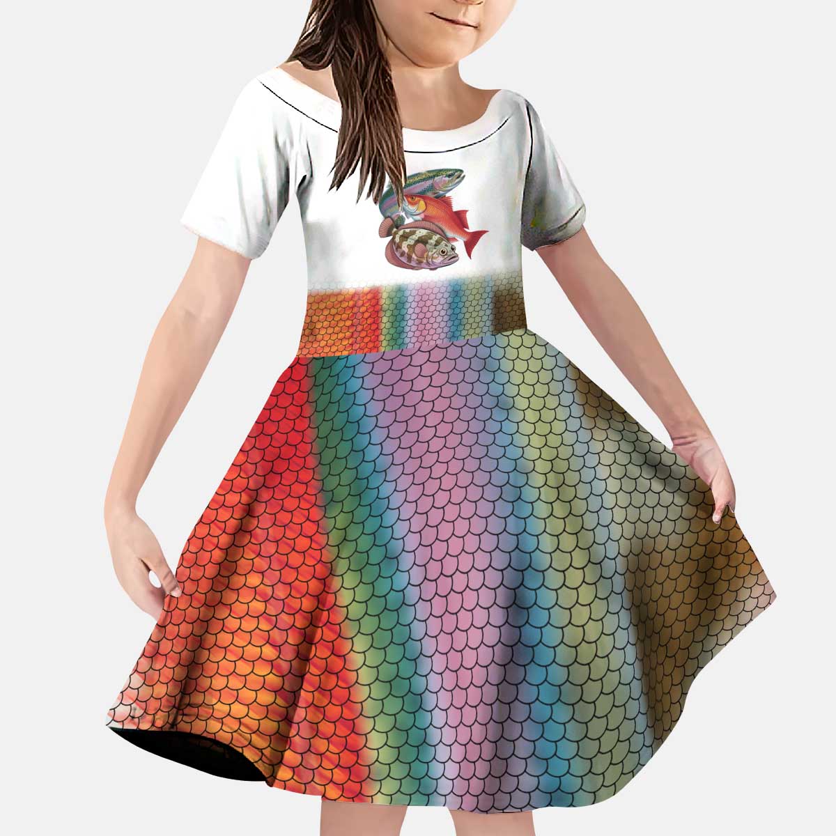 Multicolor Fish Pattern Design Kid Short Sleeve Dress Fishing Scaled Texture and Custom Name Print - Wonder Print Shop