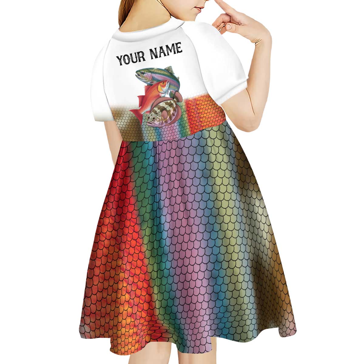 Multicolor Fish Pattern Design Kid Short Sleeve Dress Fishing Scaled Texture and Custom Name Print - Wonder Print Shop