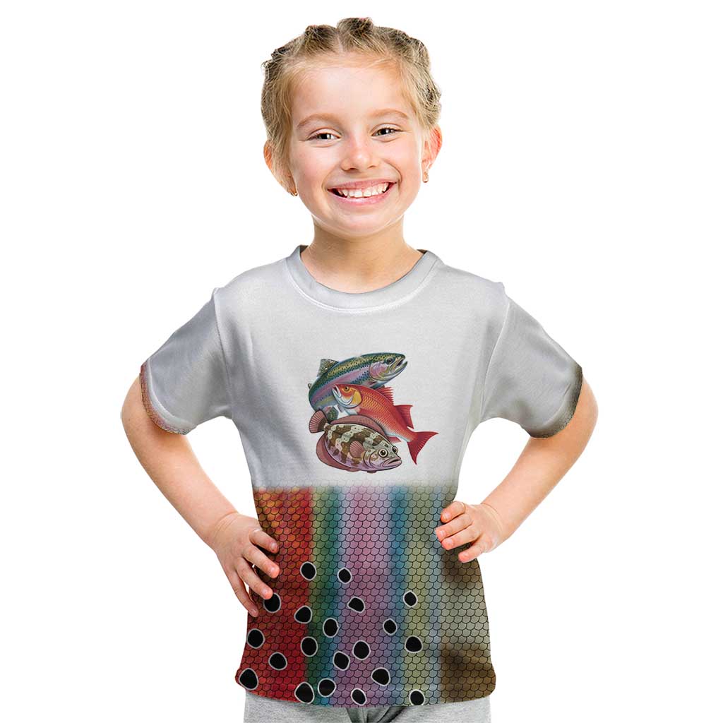 Multicolor Fish Pattern Design Kid T Shirt Fishing Scaled Texture and Custom Name Print - Wonder Print Shop