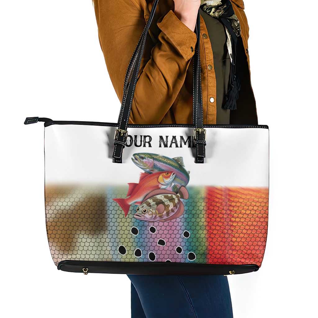 Multicolor Fish Pattern Design Leather Tote Bag Fishing Scaled Texture and Custom Name Print - Wonder Print Shop