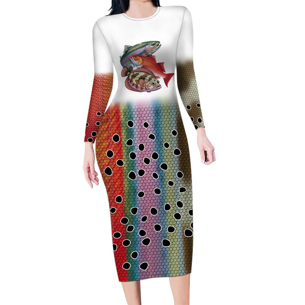 Multicolor Fish Pattern Design Long Sleeve Bodycon Dress Fishing Scaled Texture and Custom Name Print - Wonder Print Shop