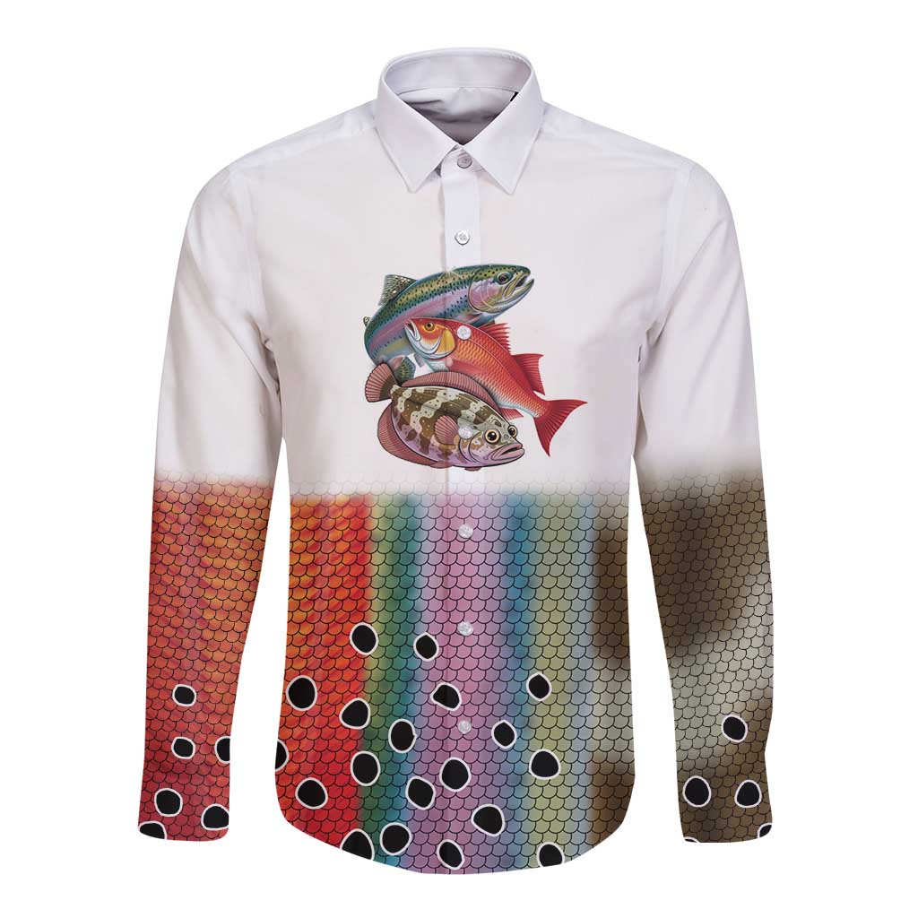 Multicolor Fish Pattern Design Long Sleeve Button Shirt Fishing Scaled Texture and Custom Name Print - Wonder Print Shop