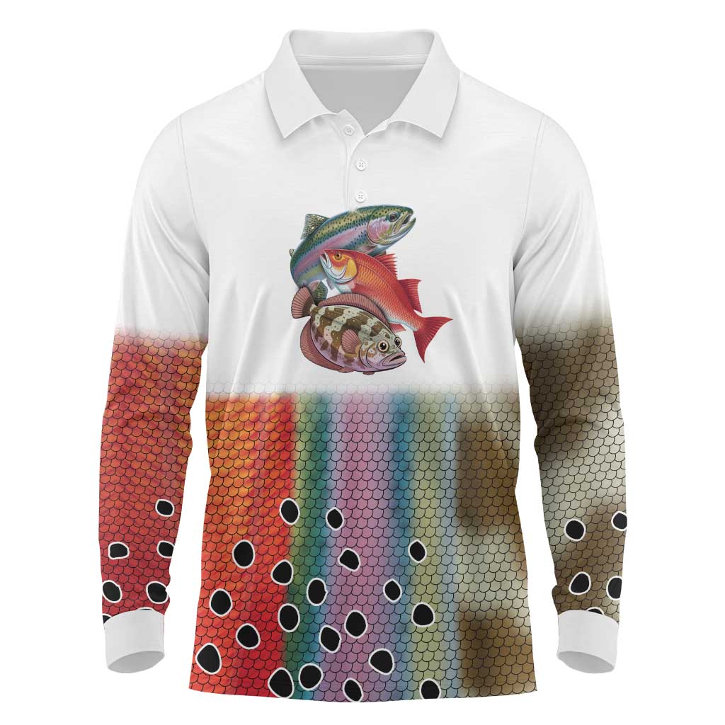 Multicolor Fish Pattern Design Long Sleeve Polo Shirt Fishing Scaled Texture and Custom Name Print - Wonder Print Shop