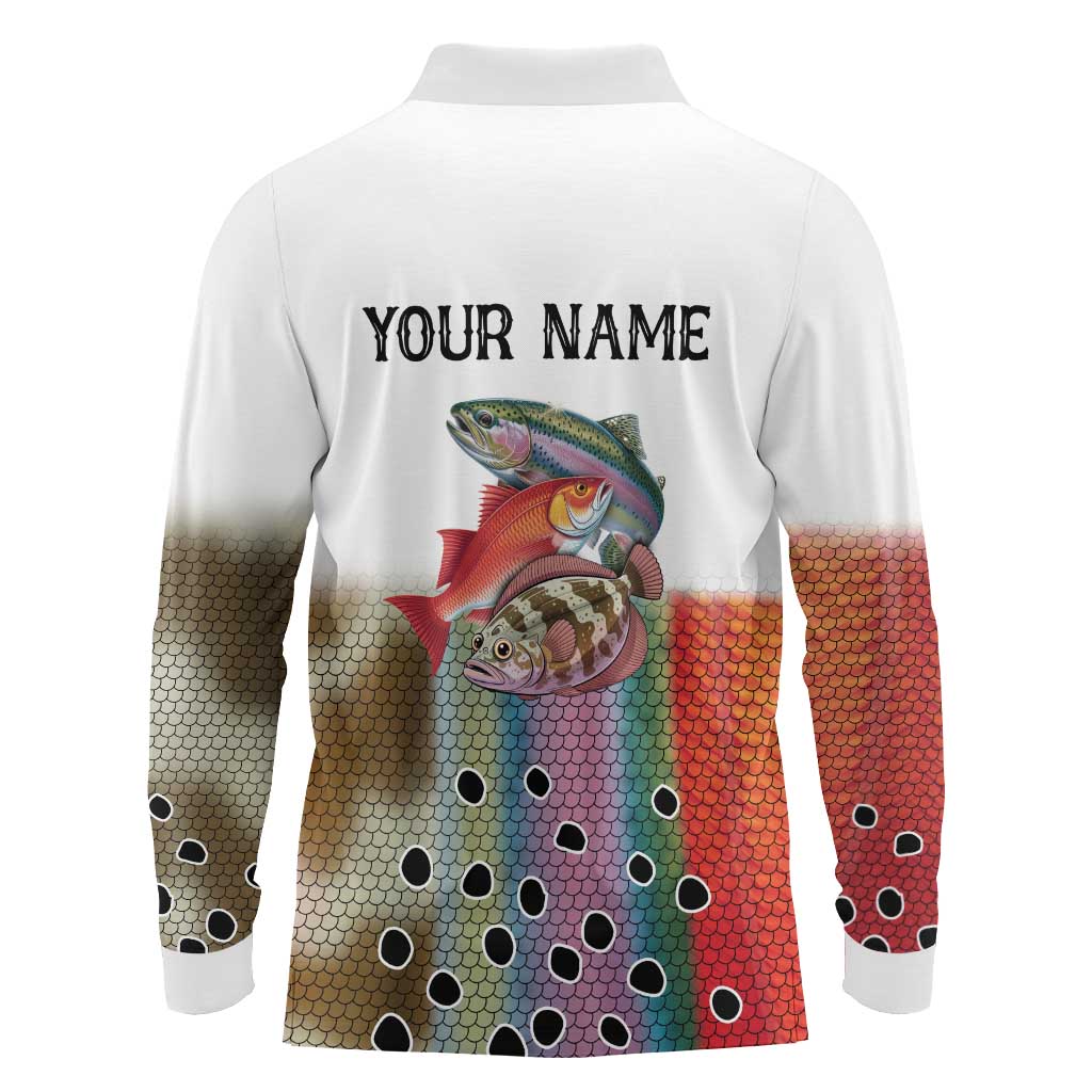 Multicolor Fish Pattern Design Long Sleeve Polo Shirt Fishing Scaled Texture and Custom Name Print - Wonder Print Shop