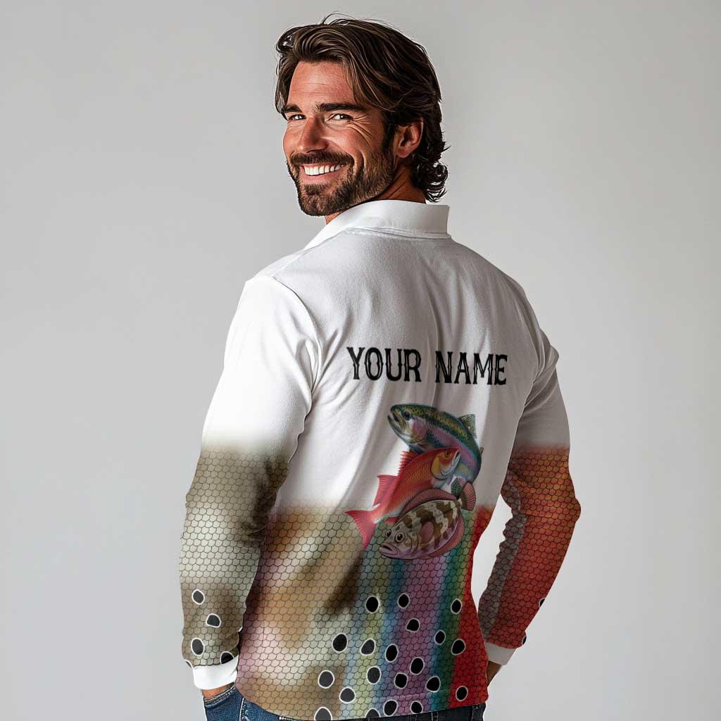 Multicolor Fish Pattern Design Long Sleeve Polo Shirt Fishing Scaled Texture and Custom Name Print - Wonder Print Shop