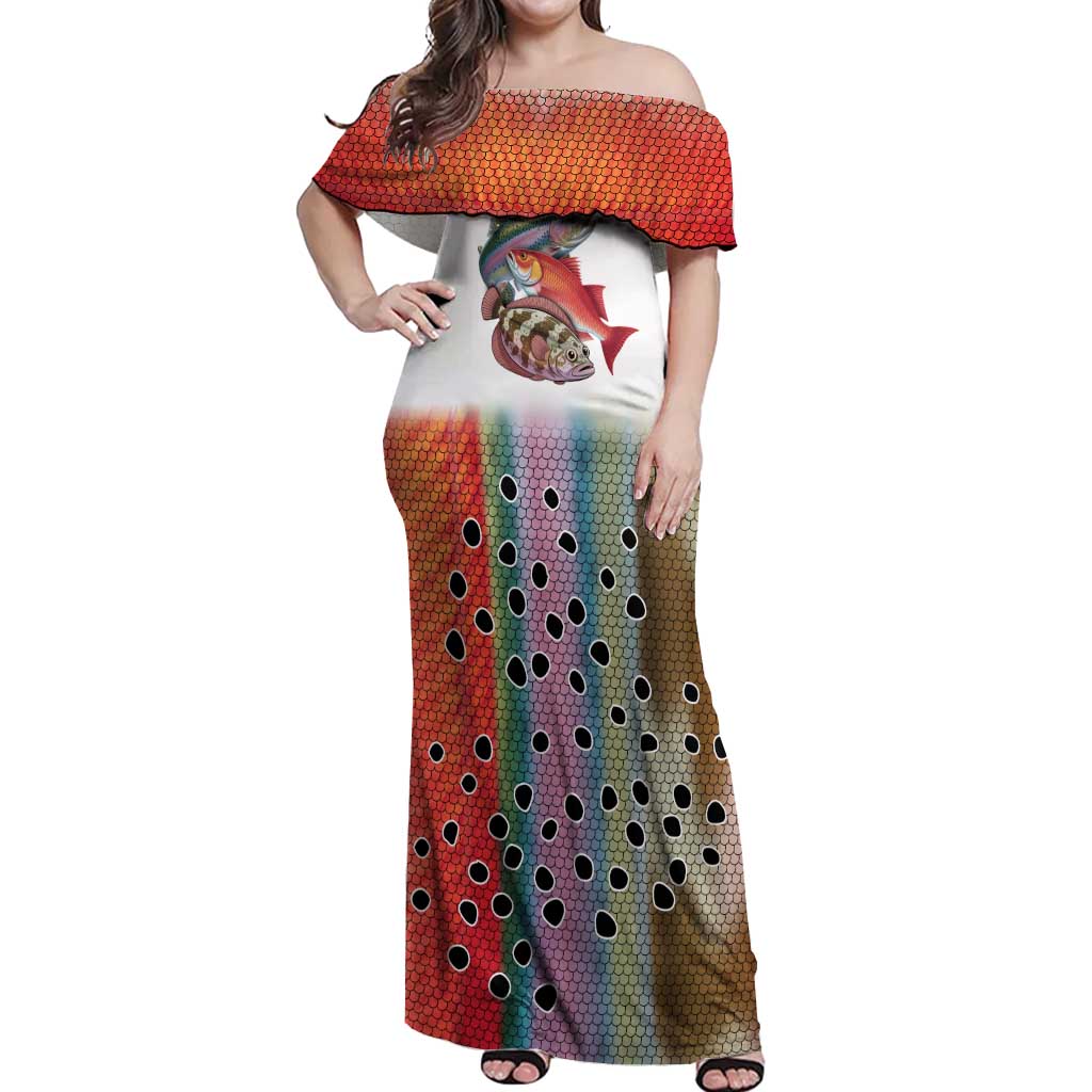 Multicolor Fish Pattern Design Off Shoulder Maxi Dress Fishing Scaled Texture and Custom Name Print - Wonder Print Shop