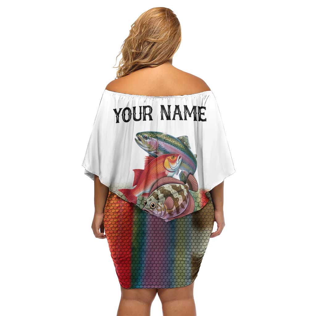 Multicolor Fish Pattern Design Off Shoulder Short Dress Fishing Scaled Texture and Custom Name Print - Wonder Print Shop