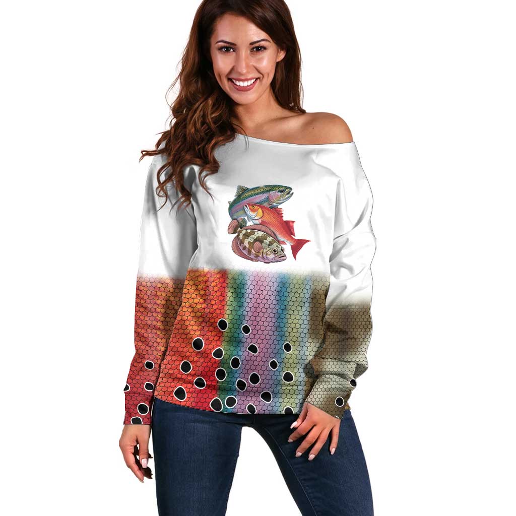 Multicolor Fish Pattern Design Off Shoulder Sweater Fishing Scaled Texture and Custom Name Print - Wonder Print Shop