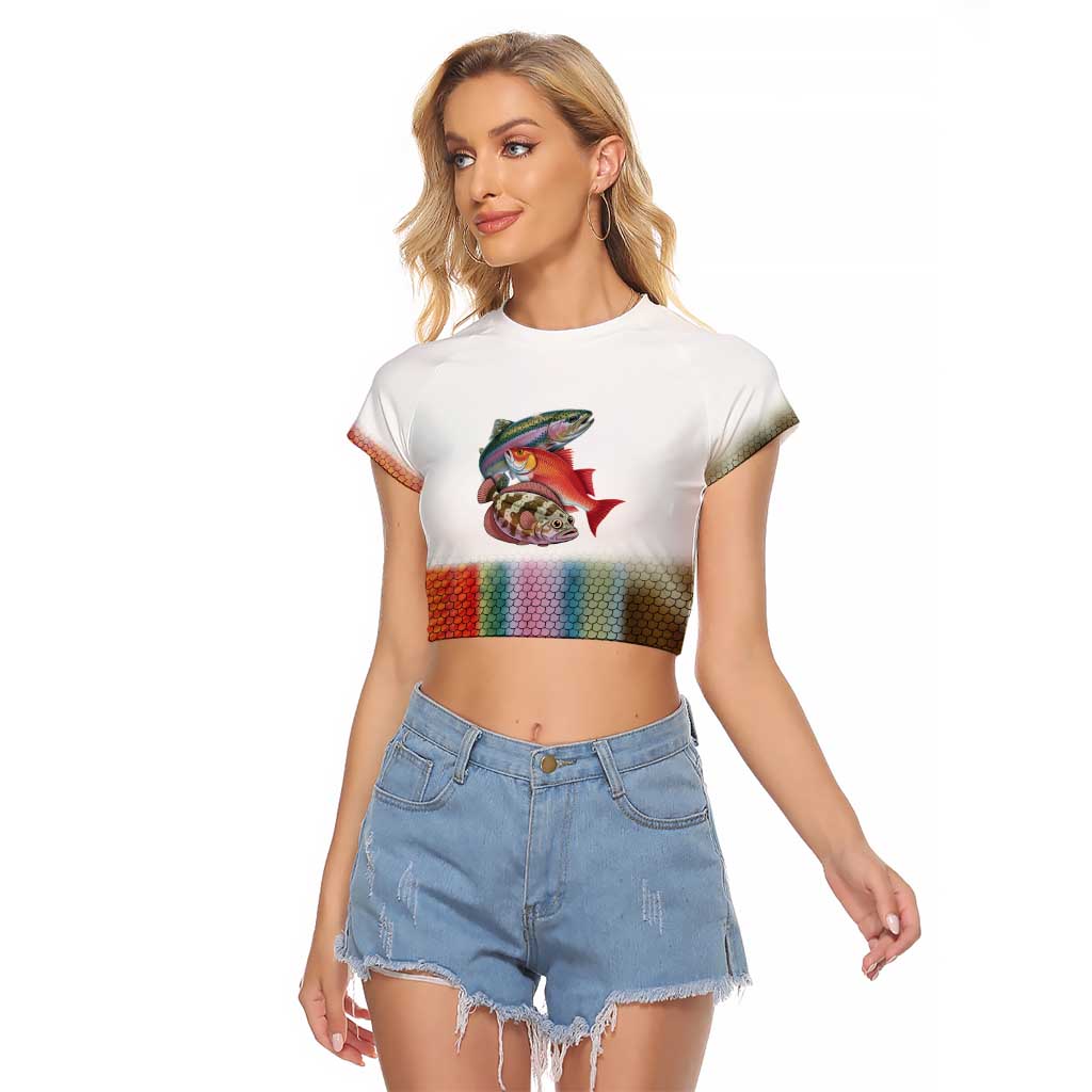 Multicolor Fish Pattern Design Raglan Cropped T Shirt Fishing Scaled Texture and Custom Name Print - Wonder Print Shop