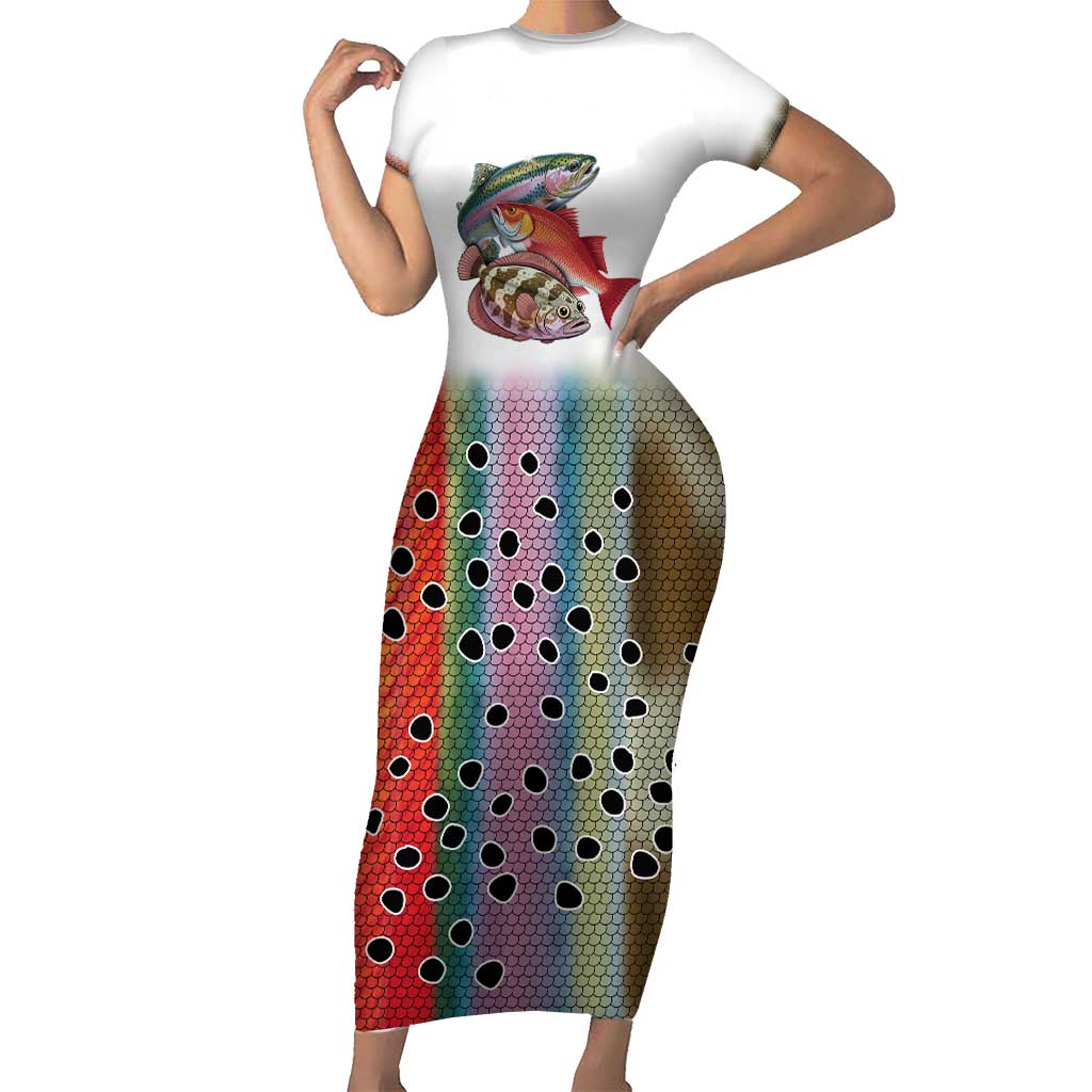 Multicolor Fish Pattern Design Short Sleeve Bodycon Dress Fishing Scaled Texture and Custom Name Print - Wonder Print Shop