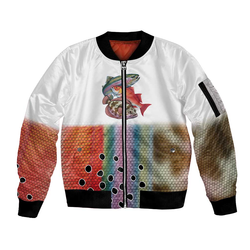 Multicolor Fish Pattern Design Sleeve Zip Bomber Jacket Fishing Scaled Texture and Custom Name Print - Wonder Print Shop