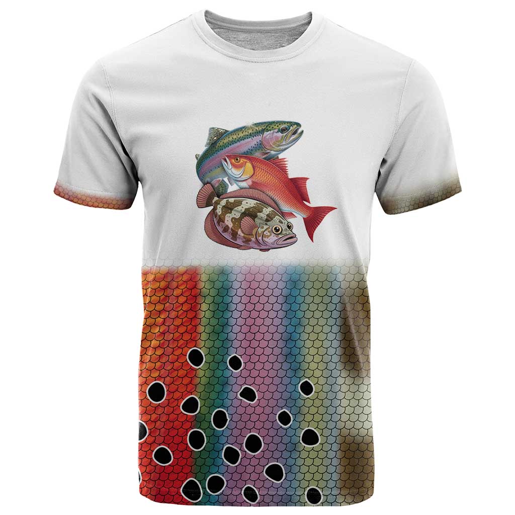 Multicolor Fish Pattern Design T Shirt Fishing Scaled Texture and Custom Name Print - Wonder Print Shop
