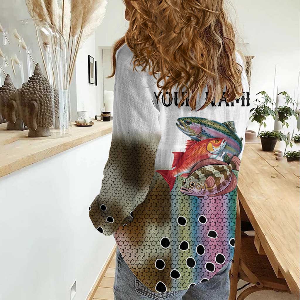 Multicolor Fish Pattern Design Women Casual Shirt Fishing Scaled Texture and Custom Name Print - Wonder Print Shop