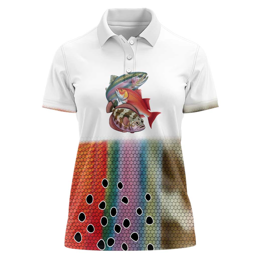 Multicolor Fish Pattern Design Women Polo Shirt Fishing Scaled Texture and Custom Name Print - Wonder Print Shop