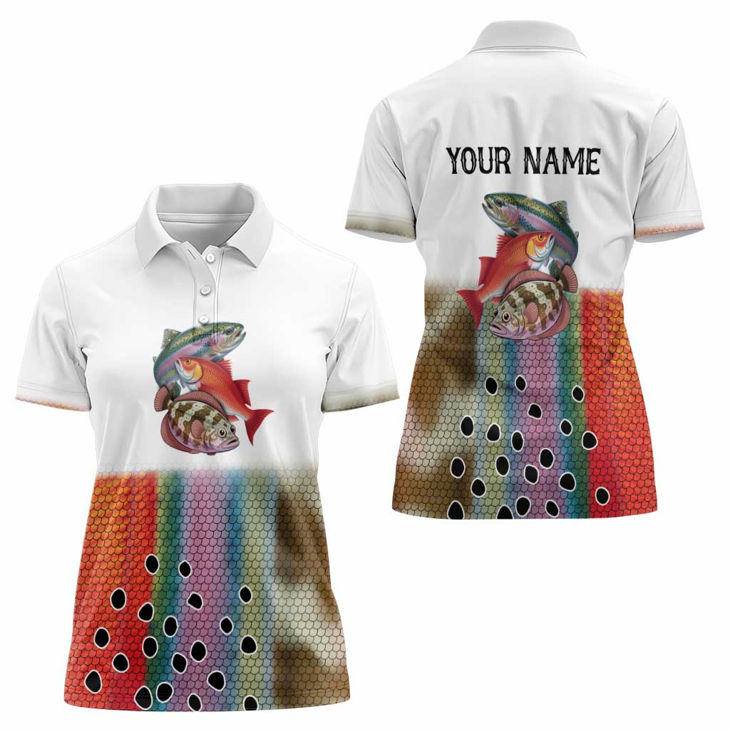 Multicolor Fish Pattern Design Women Polo Shirt Fishing Scaled Texture and Custom Name Print - Wonder Print Shop