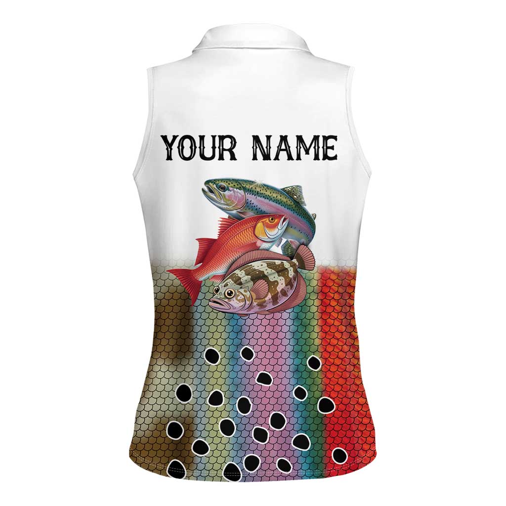 Multicolor Fish Pattern Design Women Sleeveless Polo Shirt Fishing Scaled Texture and Custom Name Print - Wonder Print Shop