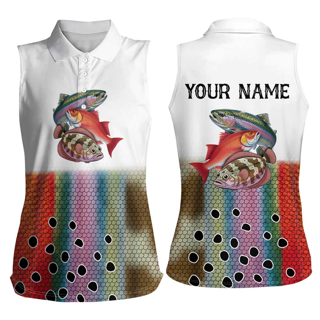 Multicolor Fish Pattern Design Women Sleeveless Polo Shirt Fishing Scaled Texture and Custom Name Print - Wonder Print Shop