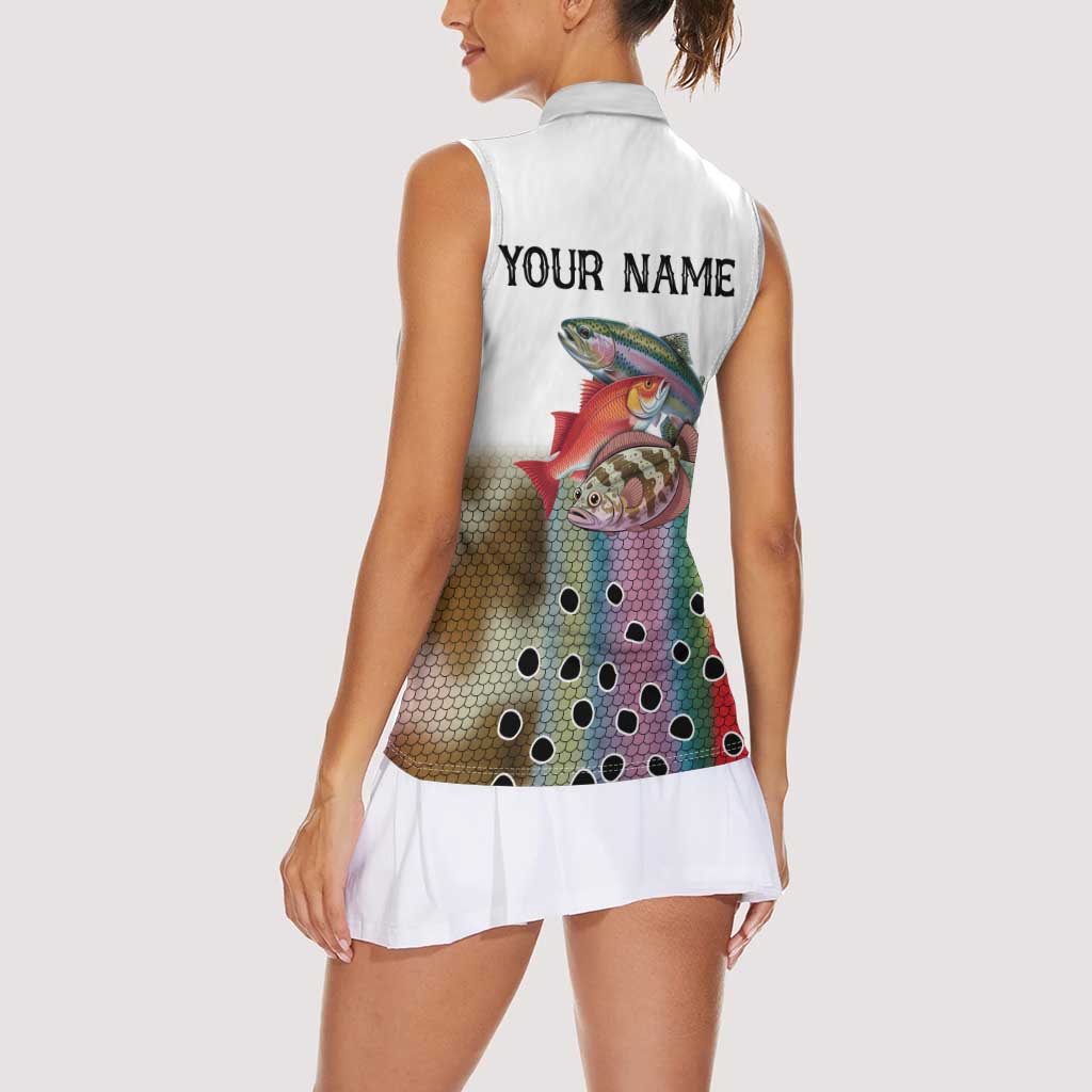 Multicolor Fish Pattern Design Women Sleeveless Polo Shirt Fishing Scaled Texture and Custom Name Print - Wonder Print Shop