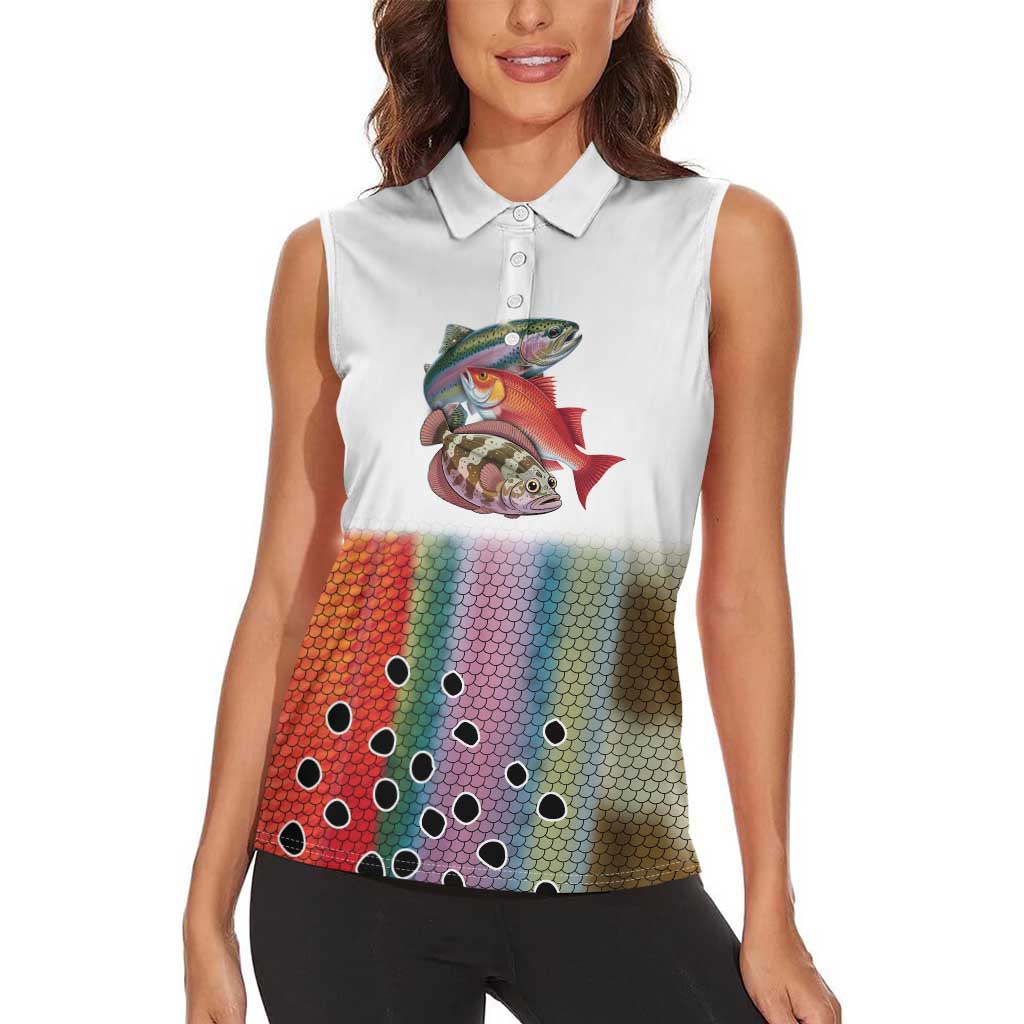 Multicolor Fish Pattern Design Women Sleeveless Polo Shirt Fishing Scaled Texture and Custom Name Print - Wonder Print Shop