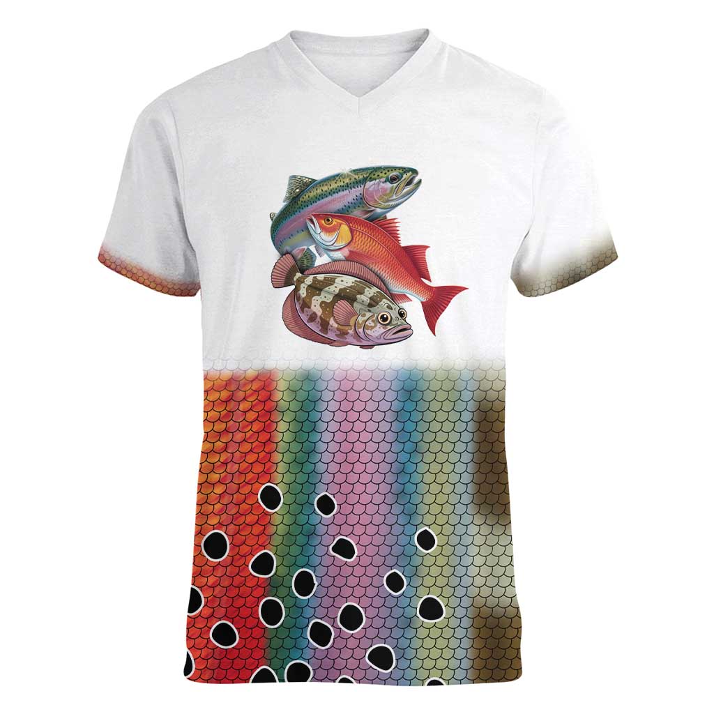 Multicolor Fish Pattern Design Women V-Neck T-Shirt Fishing Scaled Texture and Custom Name Print - Wonder Print Shop