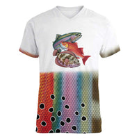 Multicolor Fish Pattern Design Women V-Neck T-Shirt Fishing Scaled Texture and Custom Name Print - Wonder Print Shop