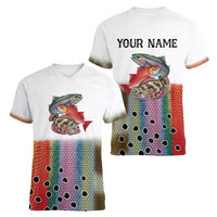 Multicolor Fish Pattern Design Women V-Neck T-Shirt Fishing Scaled Texture and Custom Name Print - Wonder Print Shop