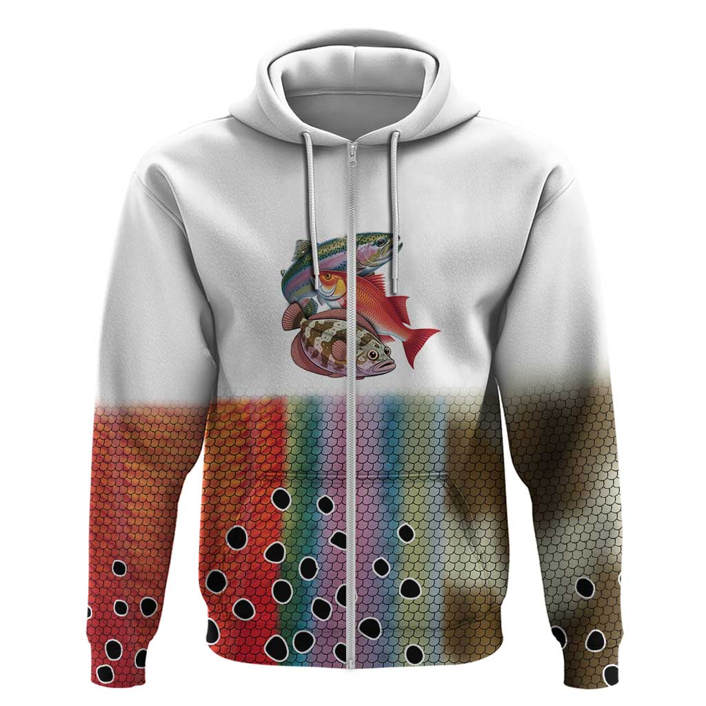 Multicolor Fish Pattern Design Zip Hoodie Fishing Scaled Texture and Custom Name Print - Wonder Print Shop