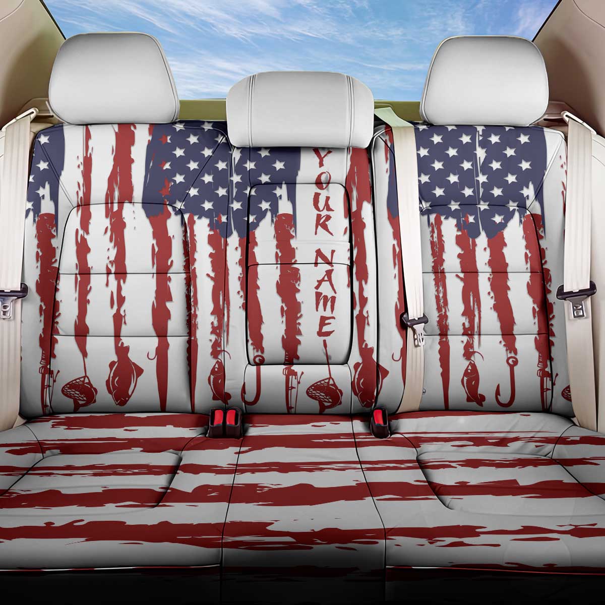 American Flag Fishing Back Car Seat Cover Lure and Hook Elements and Custom Name Print - Wonder Print Shop