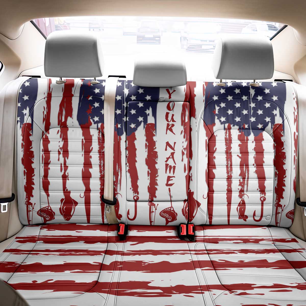 American Flag Fishing Back Car Seat Cover Lure and Hook Elements and Custom Name Print - Wonder Print Shop