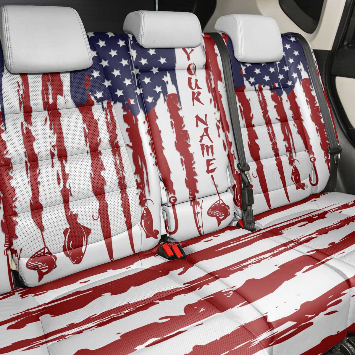 American Flag Fishing Back Car Seat Cover Lure and Hook Elements and Custom Name Print - Wonder Print Shop
