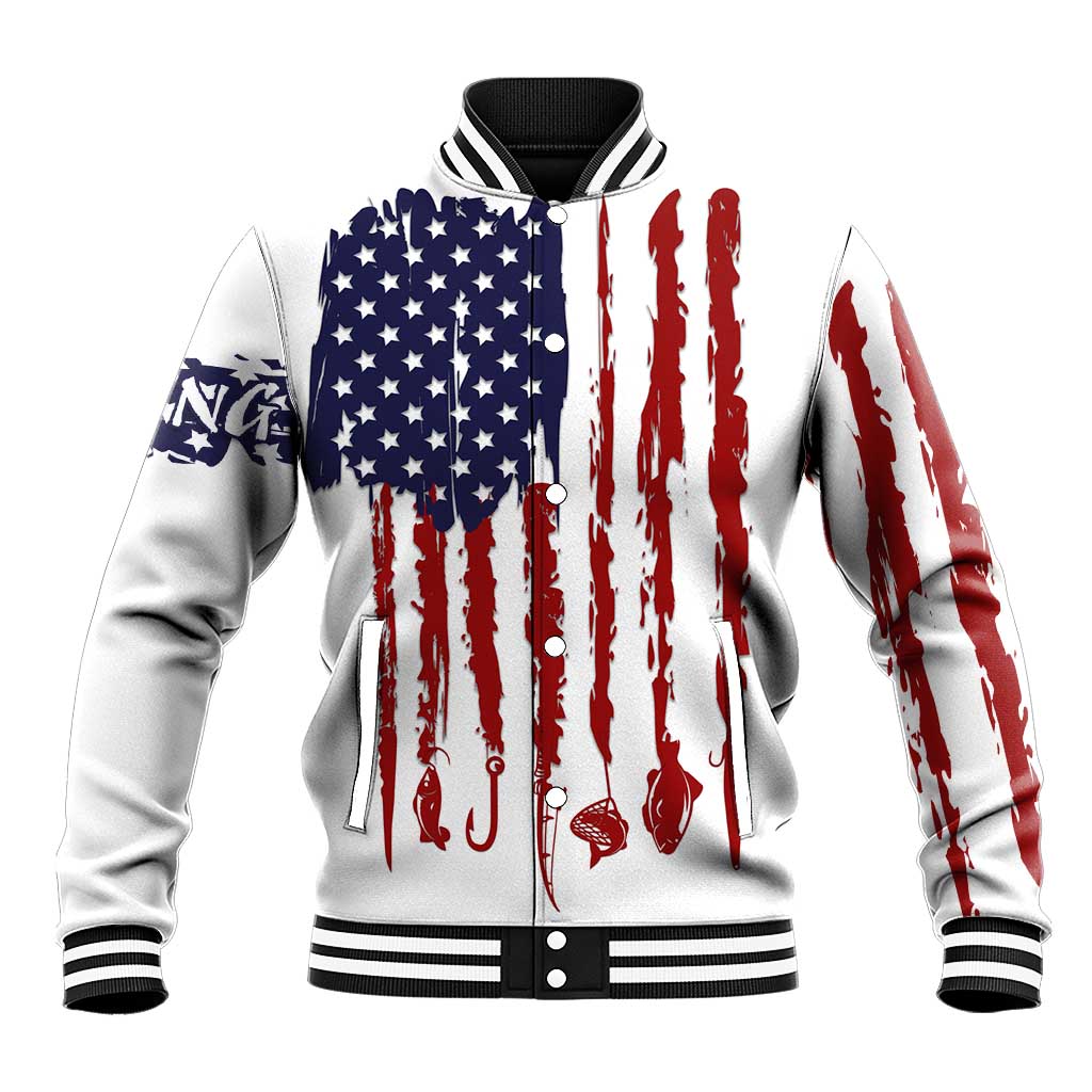 American Flag Fishing Baseball Jacket Lure and Hook Elements and Custom Name Print - Wonder Print Shop