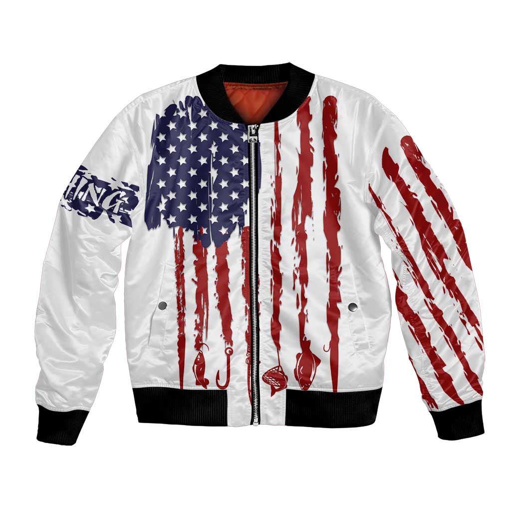 American Flag Fishing Bomber Jacket Lure and Hook Elements and Custom Name Print - Wonder Print Shop