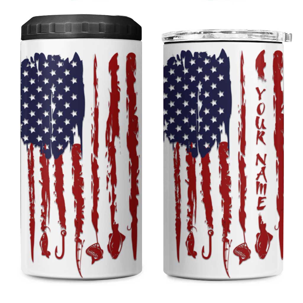 American Flag Fishing 4 in 1 Can Cooler Tumbler Lure and Hook Elements and Custom Name Print - Wonder Print Shop
