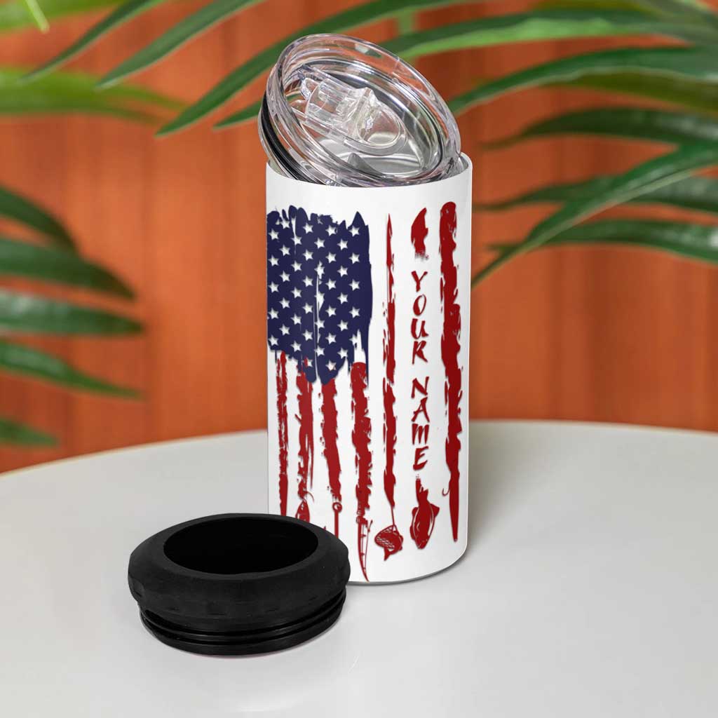 American Flag Fishing 4 in 1 Can Cooler Tumbler Lure and Hook Elements and Custom Name Print - Wonder Print Shop