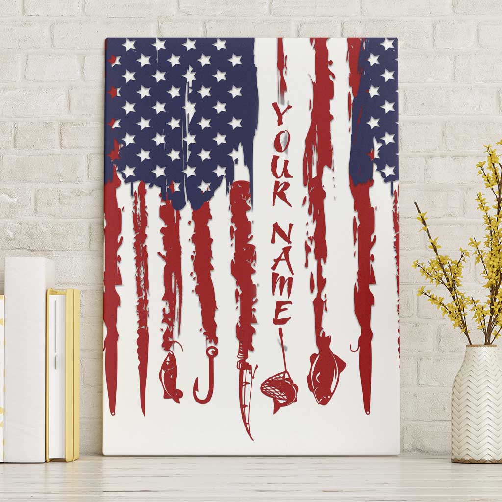American Flag Fishing Canvas Wall Art Lure and Hook Elements and Custom Name Print - Wonder Print Shop