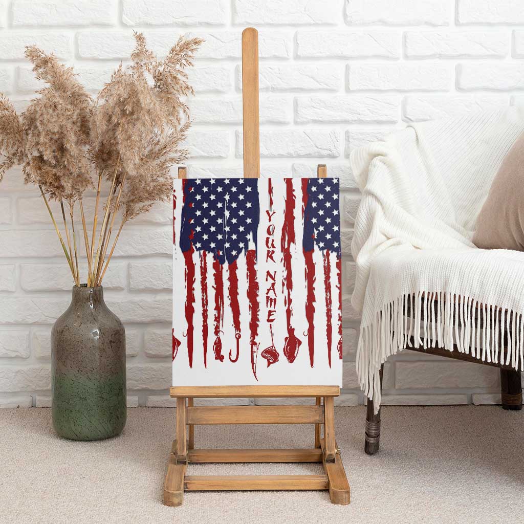 American Flag Fishing Canvas Wall Art Lure and Hook Elements and Custom Name Print - Wonder Print Shop